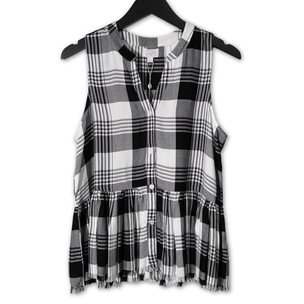 NWT Mud Pie Peplum Top Womens Small Sleeveless Shirt Black White Plaid Cowgirl